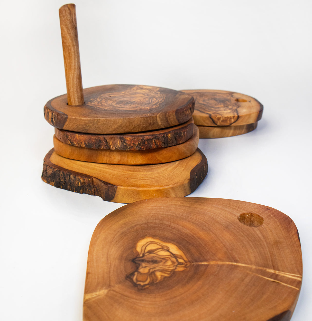 Olive Wood Coaster Set of 6 on Stand - Handcrafted 3.5 Inch