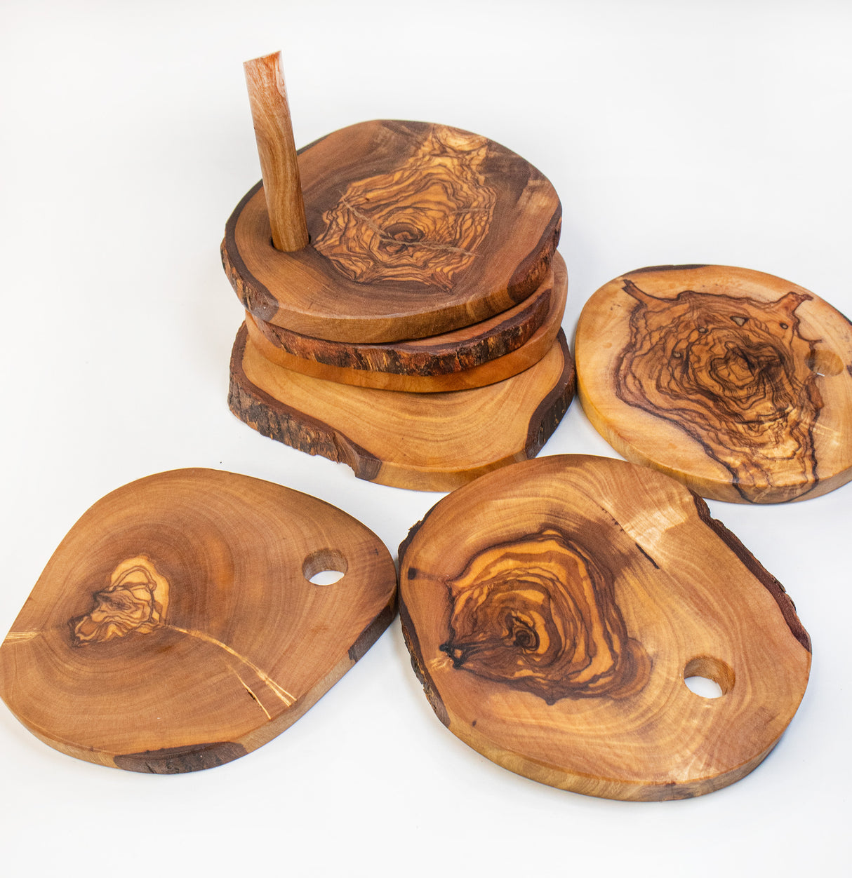 Olive Wood Coaster Set of 6 on Stand - Handcrafted 3.5 Inch