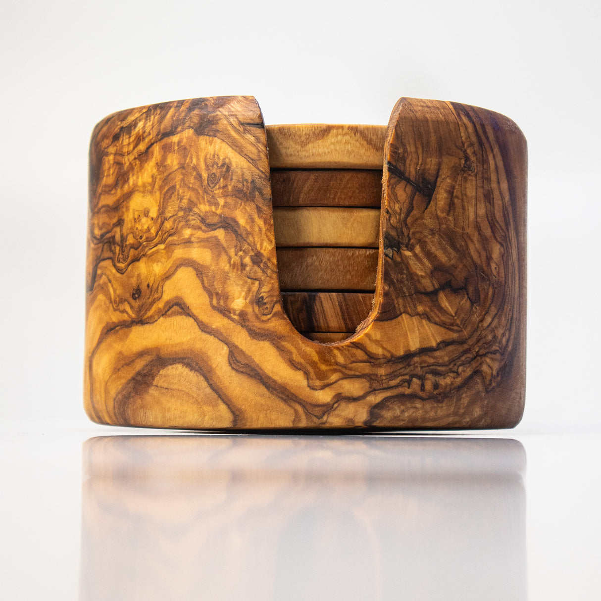 Round Olive Wood Drink Coaster Set of 6 with Holder - Rustic Charm 3.5 Inch