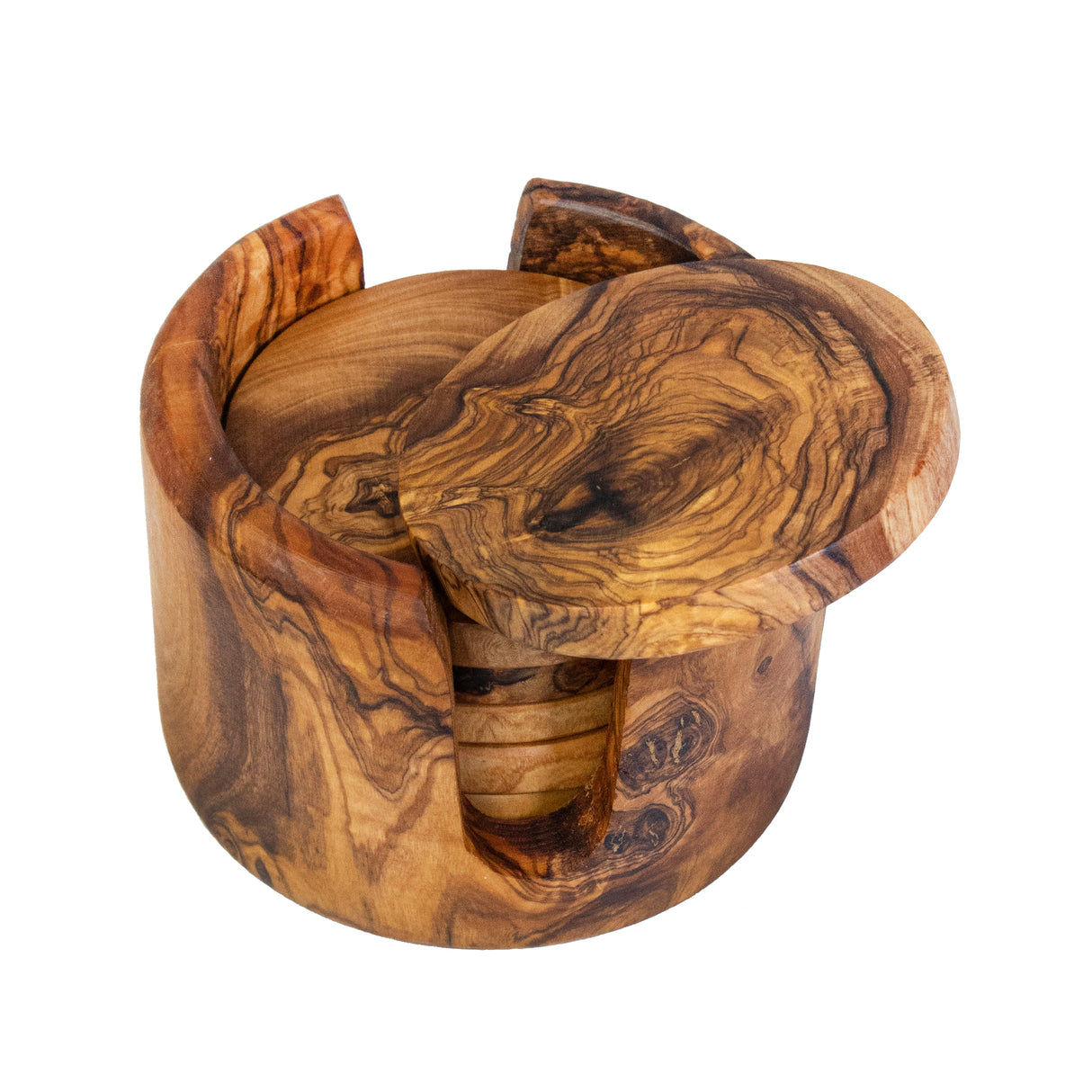 Round Olive Wood Drink Coaster Set of 6 with Holder - Rustic Charm 3.5 Inch