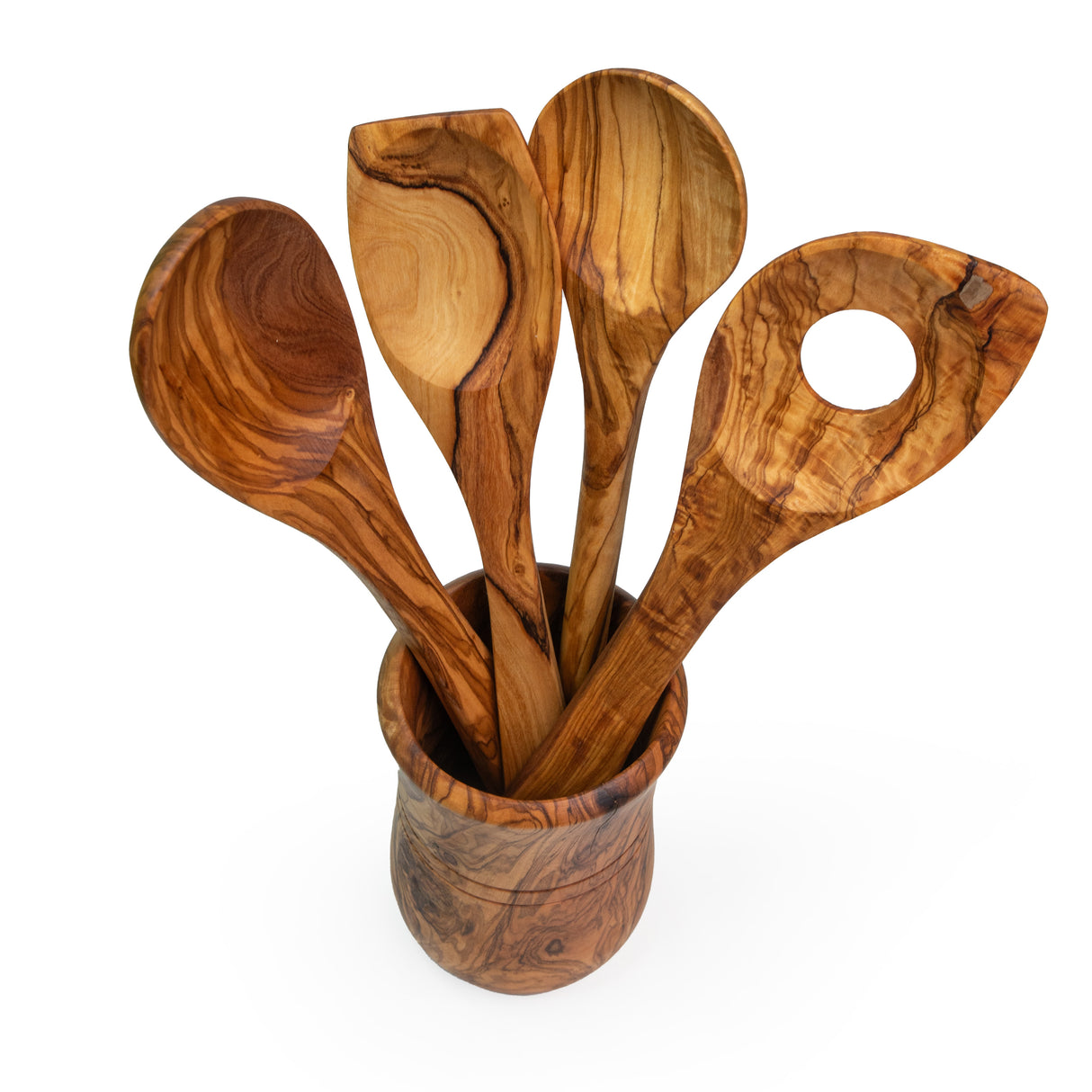 Olive Wood Utensil Holder - Round Rustic Handmade 6 Inch
