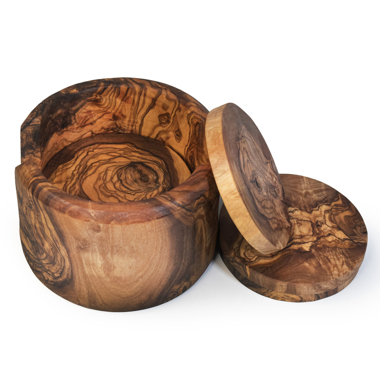 Round Olive Wood Drink Coaster Set of 6 with Holder - Rustic Charm 3.5 Inch