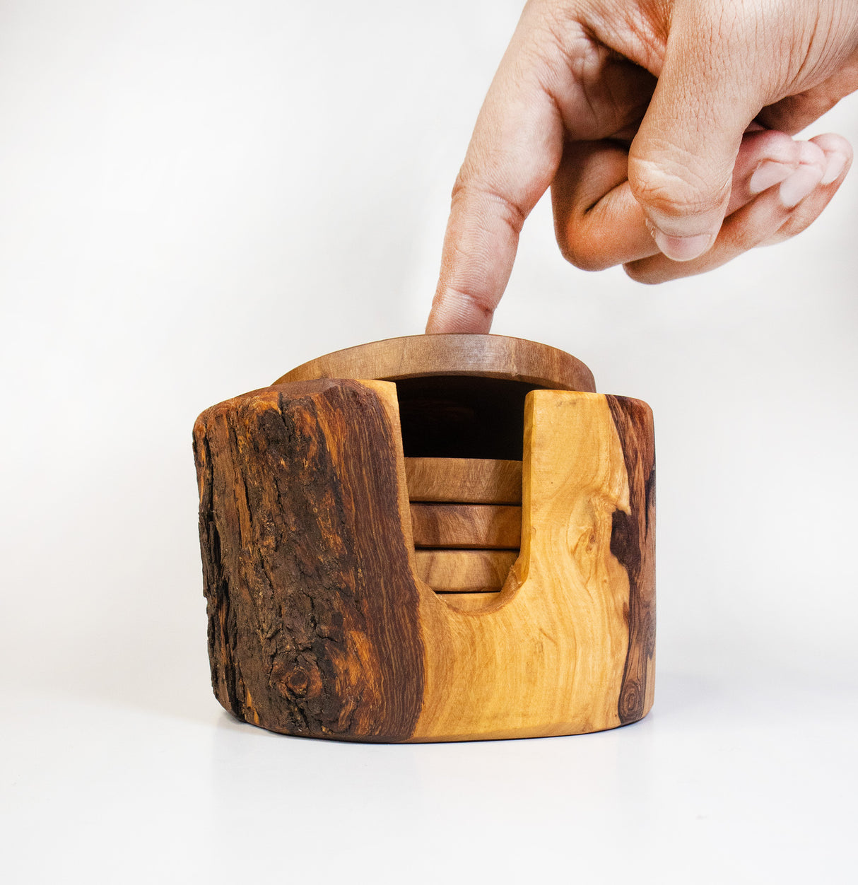 Rustic Round Olive Wood Cup Coaster Set of 6 with Holder - Handmade 3.5 Inch