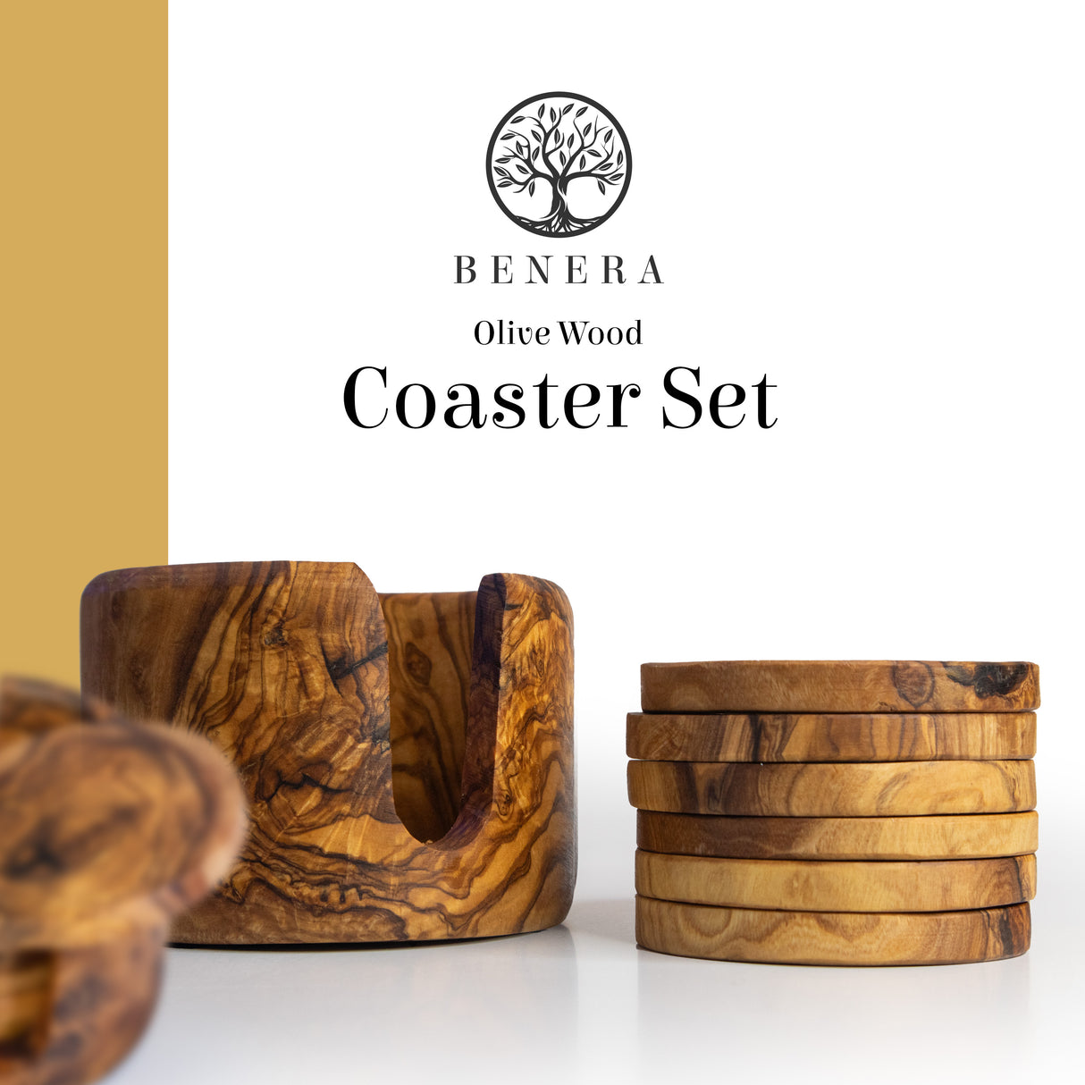 Round Olive Wood Drink Coaster Set of 6 with Holder - Rustic Charm 3.5 Inch