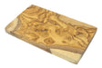A rectangular olive wood cutting board with a distinctive grain pattern.