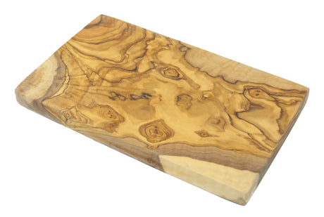 A rectangular olive wood cutting board with a distinctive grain pattern.