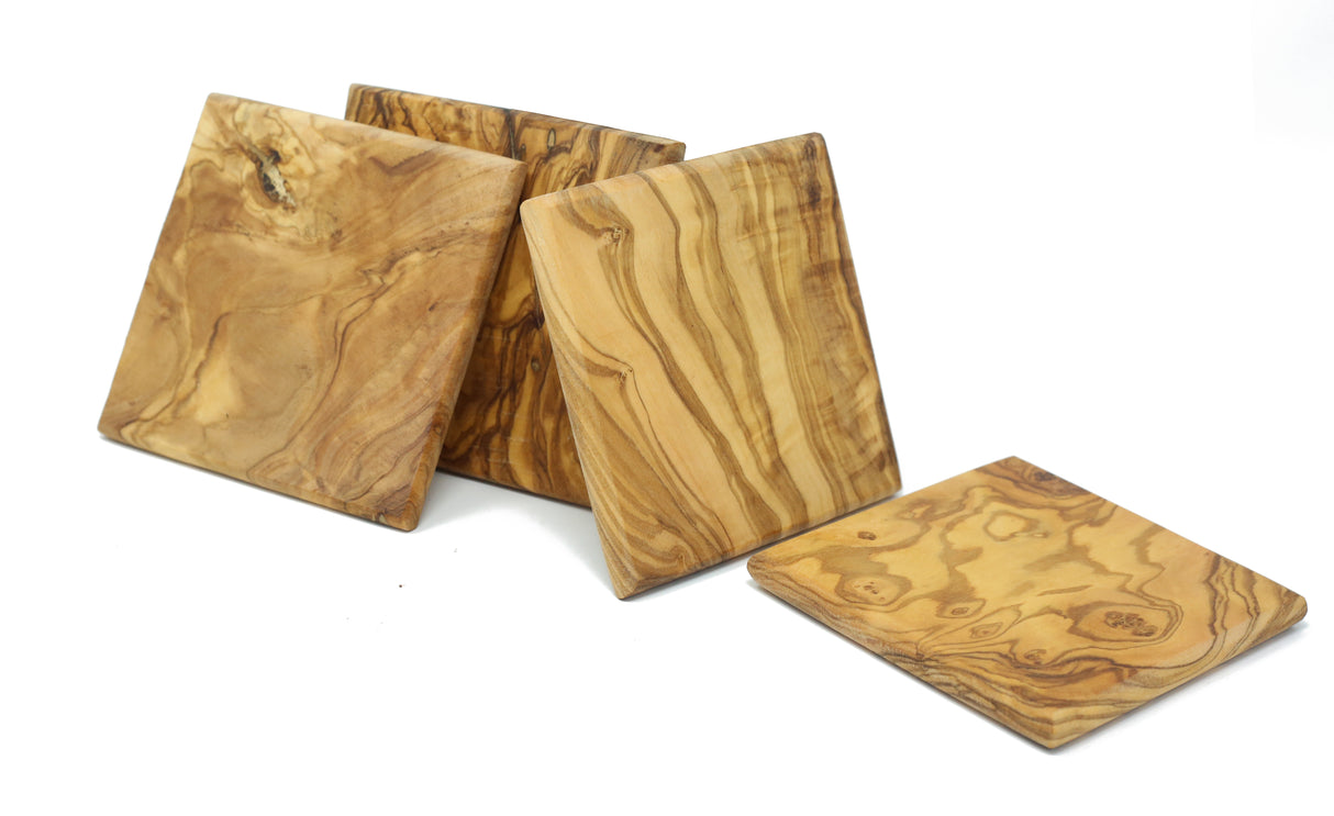 Handmade Square Olive Wood Coaster Set of 4 - Rustic Style 3.5 Inch