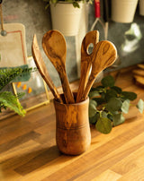 Olive Wood Utensil Holder - Round Rustic Handmade 6 Inch