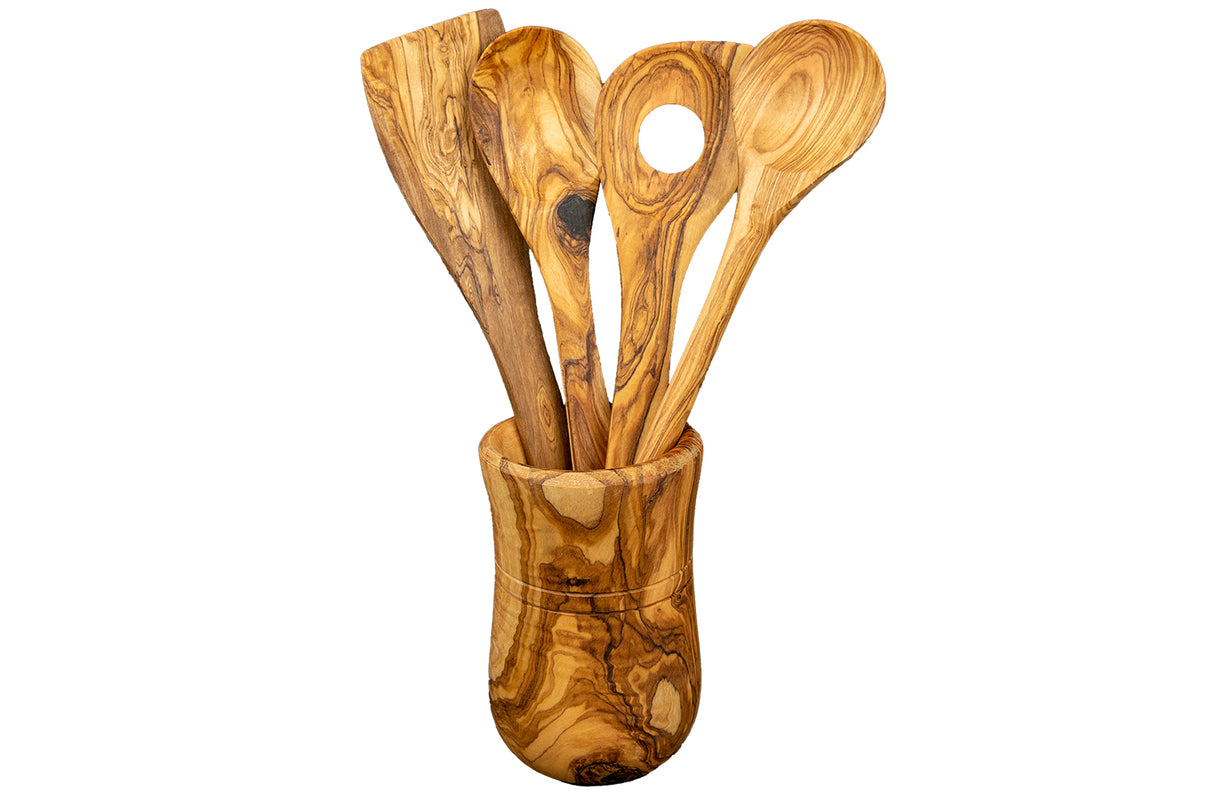 Round Holder Olive Wood Kitchen Utensil Set of 4 with Holder - Handmade 12 Inch