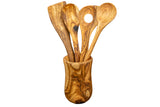 Round Holder Olive Wood Kitchen Utensil Set of 4 with Holder - Handmade 12 Inch