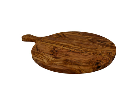 A round olive wood kitchen board with a handle, suitable for serving charcuterie or pizzas.