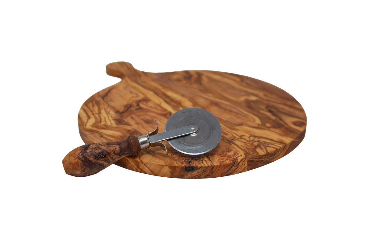 Round Olive Wood Pizza & Charcuterie Board with Handle - 12 Inch
