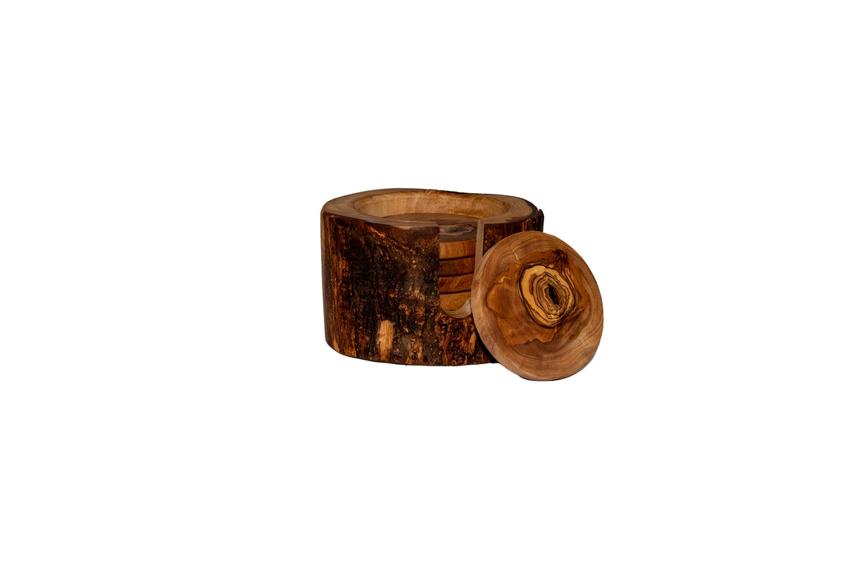 Rustic Round Olive Wood Cup Coaster Set of 6 with Holder - Handmade 3.5 Inch