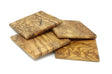 A set of four square olivewood coasters with a unique grain pattern, displayed against a white background.