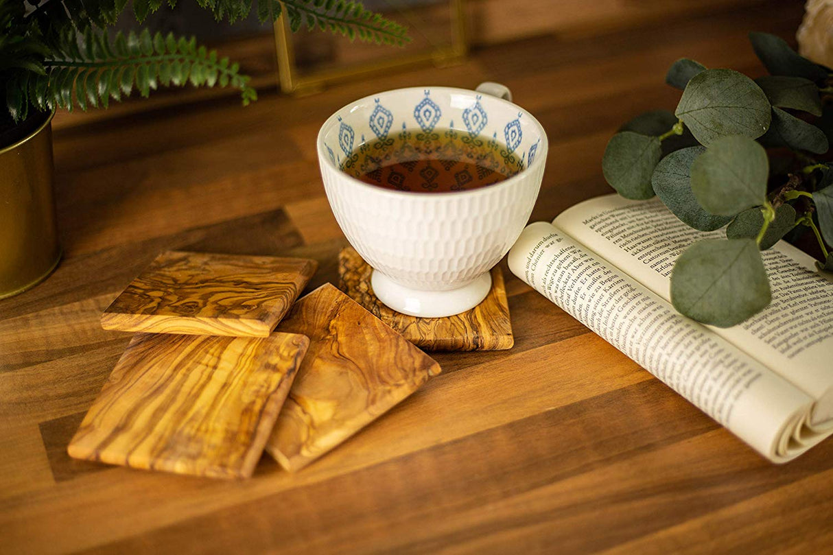 Handmade Square Olive Wood Coaster Set of 4 - Rustic Style 3.5 Inch