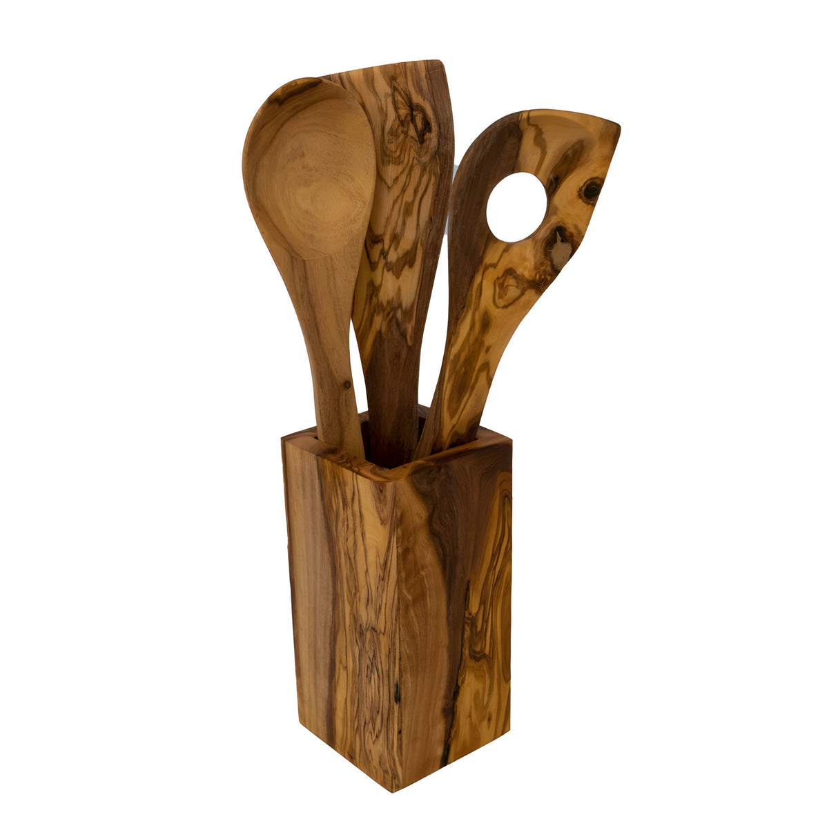 Olive Wood Utensil Holder - Rectangular Handmade 6 Inch