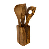 Olive Wood Utensil Holder - Rectangular Handmade 6 Inch