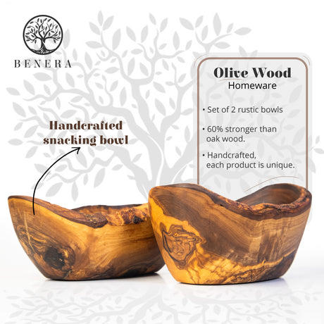 Rustic Olive Wood Snack Bowl Set of 2 - Handmade with Natural Bark 6 Inch