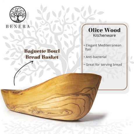 Olive Wood Bread & Baguette Basket - Rustic Handmade Dough Bowl 14 Inch