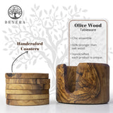 Round Olive Wood Drink Coaster Set of 6 with Holder - Rustic Charm 3.5 Inch