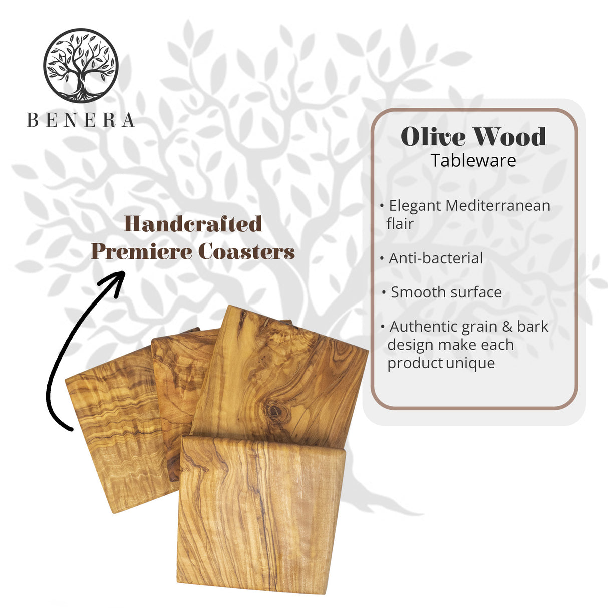 Handmade Square Olive Wood Coaster Set of 4 - Rustic Style 3.5 Inch